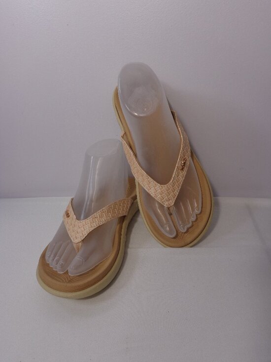 Kuailu Shoes - KUAILU Tan Leather Yoga Mat Comfort Arch Support Thong Sandal Woven Women's Sz 8